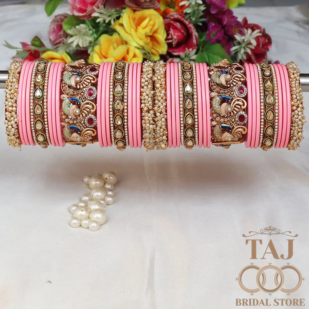 Rajasthani Traditional Bridal Chuda Set With Beautiful Peacock Design Brass Kada