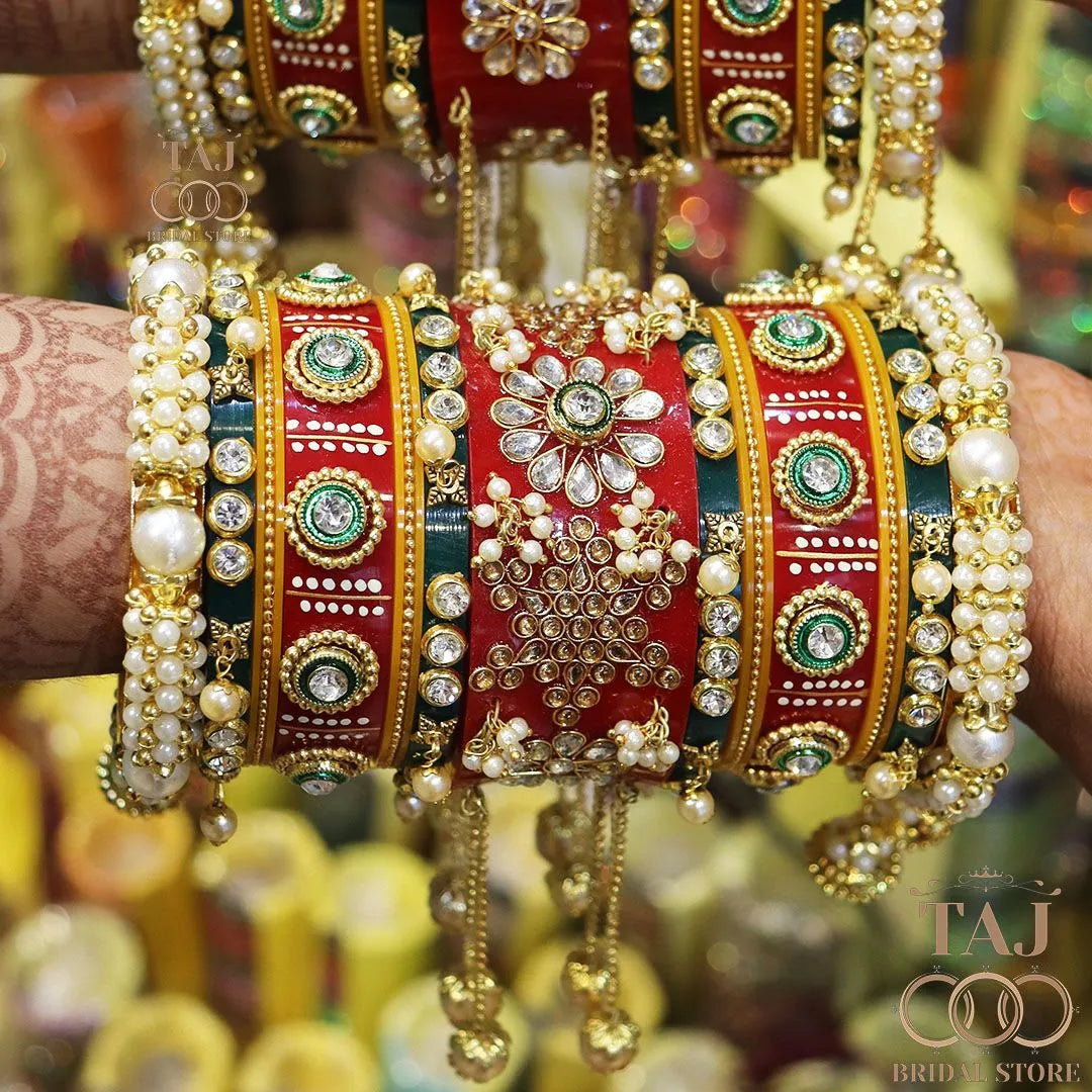 Rajasthani Traditional Bridal Chura Set With Beautiful Kundan and Latkan Design Kada