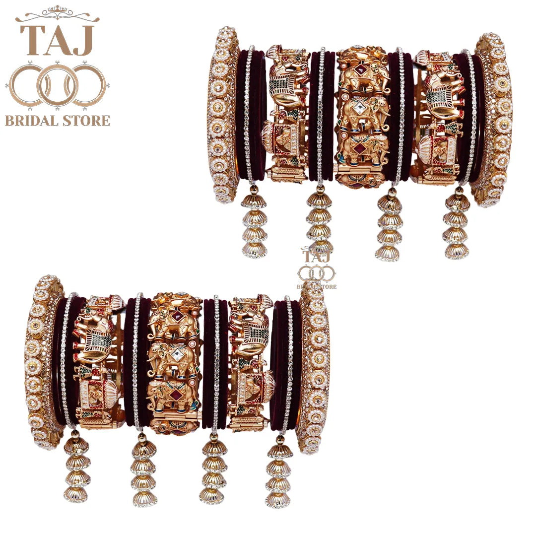 Heavy Bridal Bangle Set with Elephant Motifs and Latkan