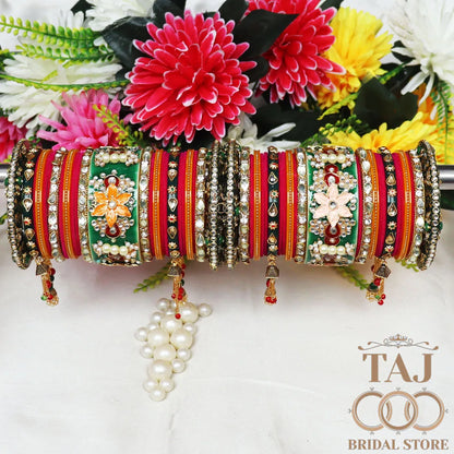 Vibrant Rajwadi Bangle Set with Colorful Flowers and Kundan