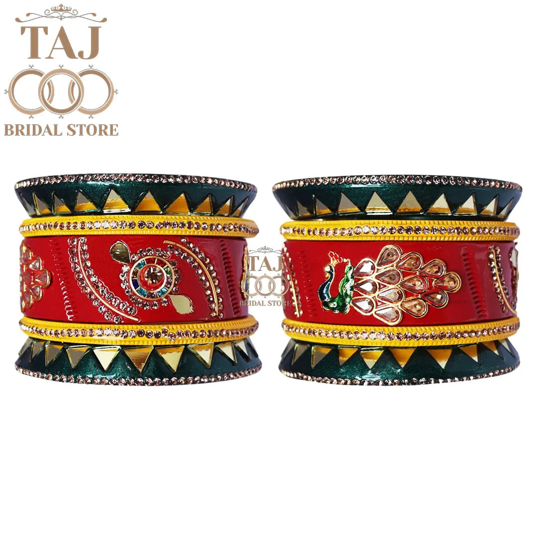 Red and Green Peacock Bangles for Weddings (Set of 10)