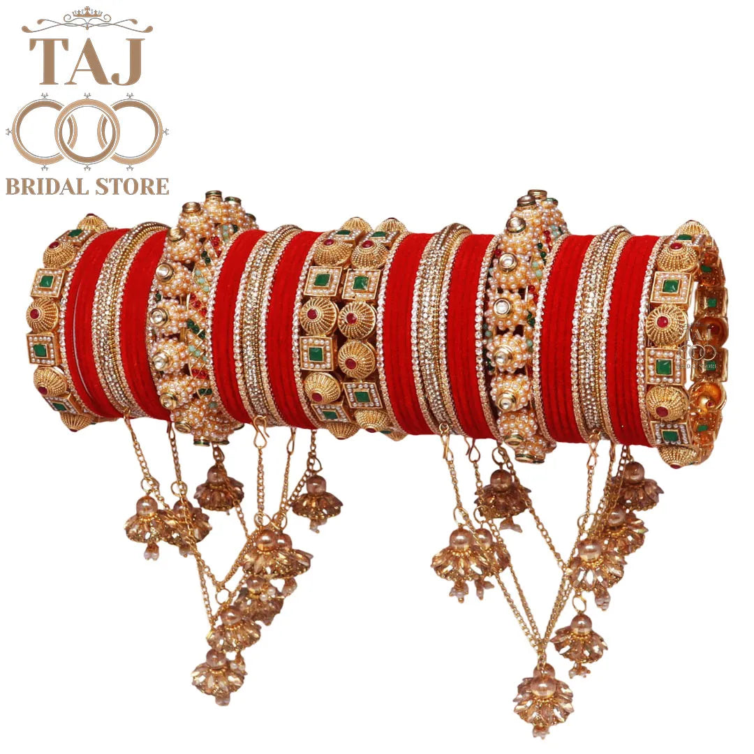 Antique Rajwadi Bangles Set With Beautiful Chain Latkan Design