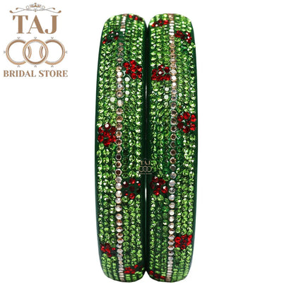 Elegant Lac Kada Bangles with Rhinestone Flowers (Set of 2)