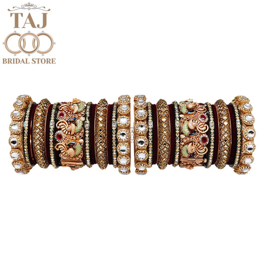 Rajwadi Style Bridal Bangle Set with Peacock Motifs and Velvet