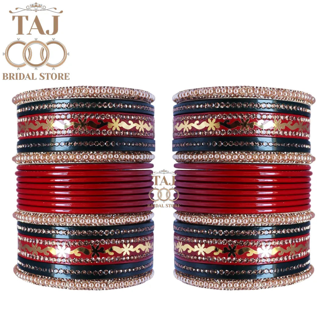 Karwa Chauth Special Red and Green Bangle Set with Golden Lace Design