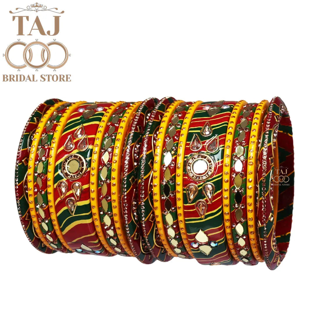 Lac Bangles with Intricate Kundan & Mirror Work (Set of 18)