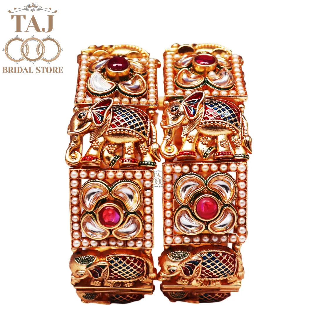 Rajwadi Elephant Design Bracelet With Kundan and Enamel