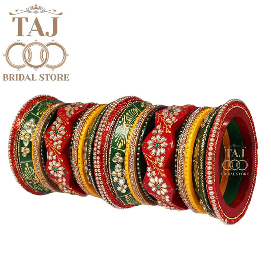 Lac Bridal Bangles Set with Beautiful Kundan and Handpaint Design