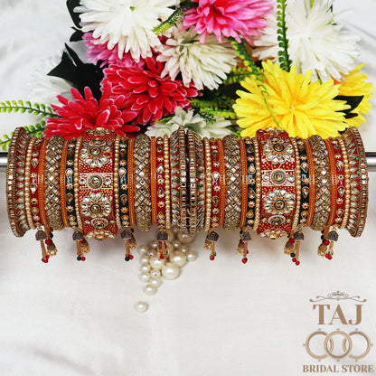 Rajasthani Kundan Wedding Bangles Set With Best Flower And Chain Latkan Design