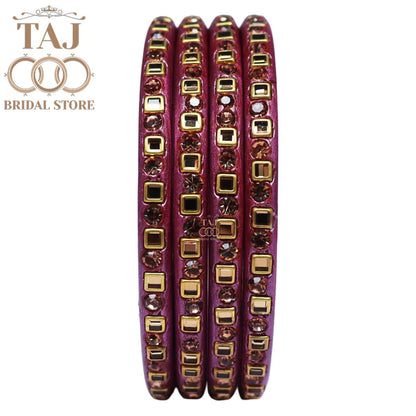 Vibrant Lac Bangle Set with Kundan and Rhinestones (Set of 4)