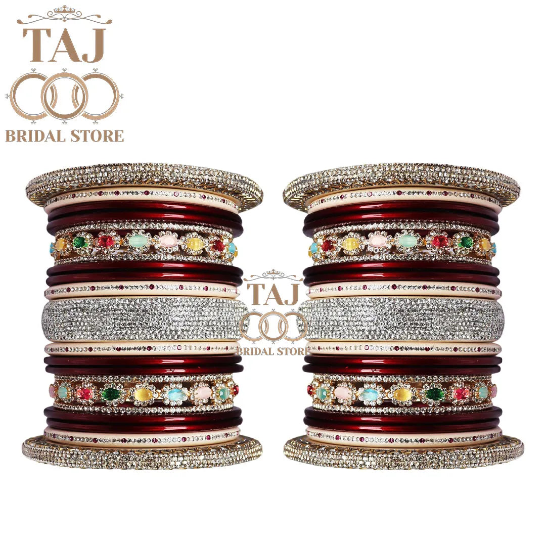 Traditional Rajasthani Bangle Set with Silver Rhinestones and Kundan