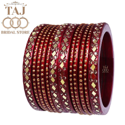 Lac Bangles with Golden Diamond Pattern and Mirror Work (Set of 12)