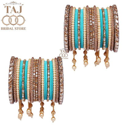 Wedding Bangle Set in Kundan and Pearl Design with Charming Latkan