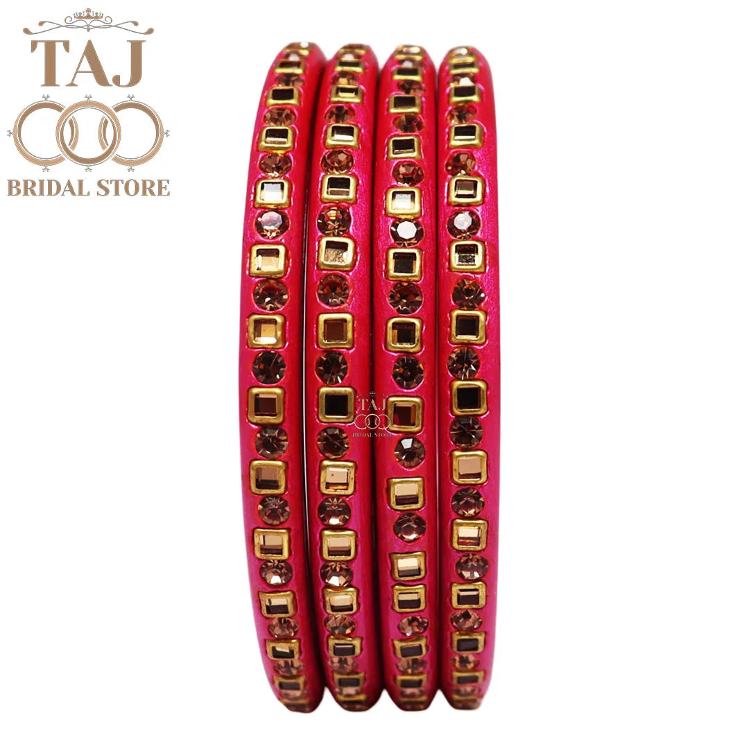 Vibrant Lac Bangle Set with Kundan and Rhinestones (Set of 4)