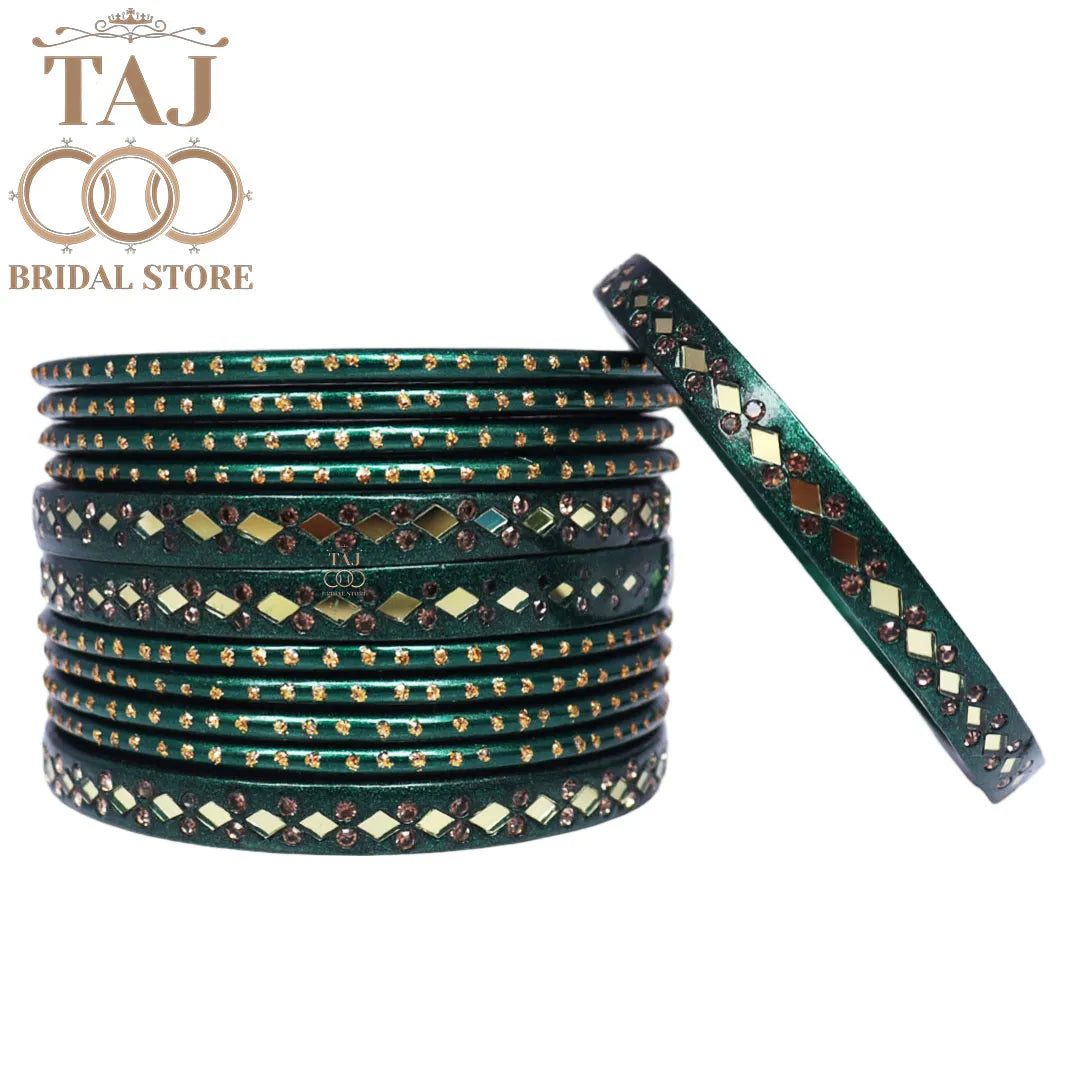 Lac Bangles with Golden Diamond Pattern and Mirror Work (Set of 12)