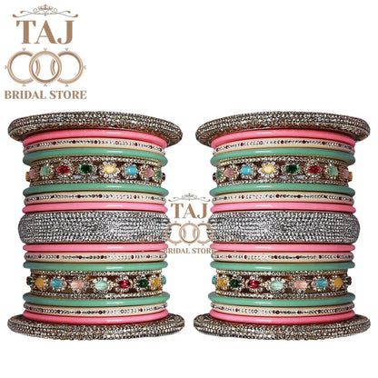 Traditional Rajasthani Bangle Set with Silver Rhinestones and Kundan