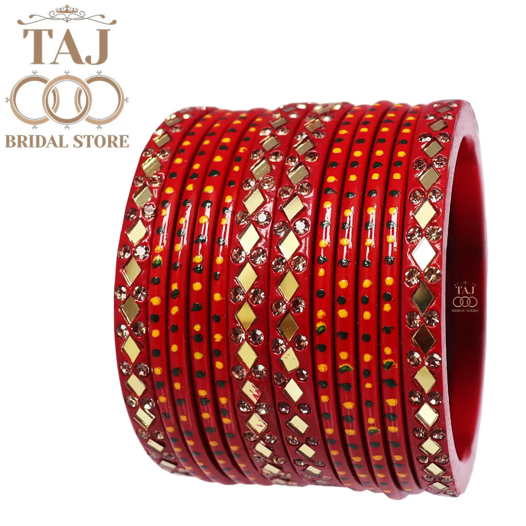 Lac Bangles with Golden Diamond Pattern and Mirror Work (Set of 12)