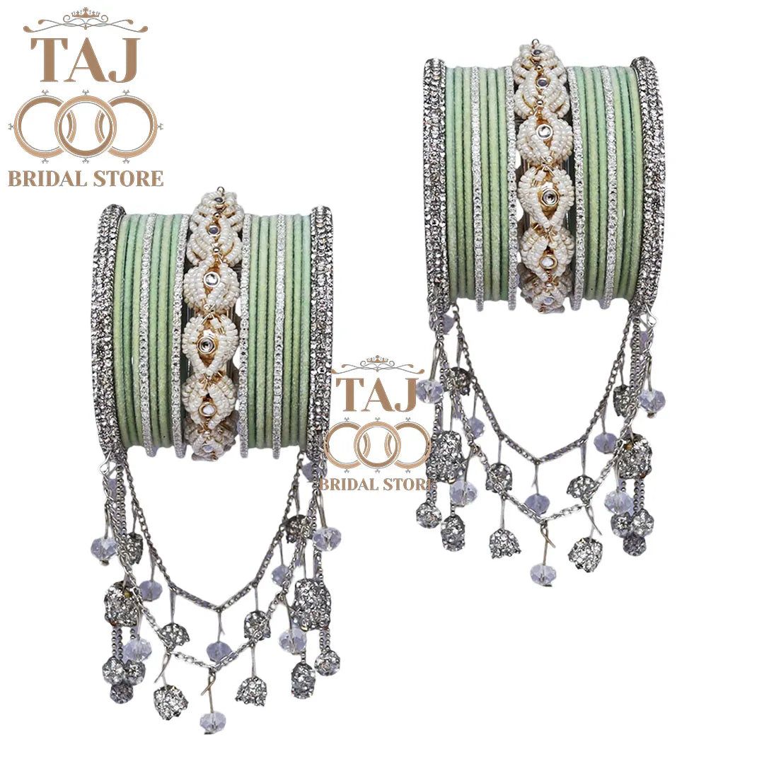 Karwa Chauth Special Bangle Set with Silver Tassels & Stones