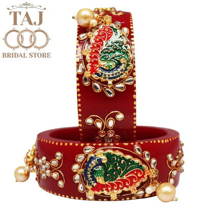 Karwa Chauth Special Red Kada Set with Peacock & Kundan (Set of 2)