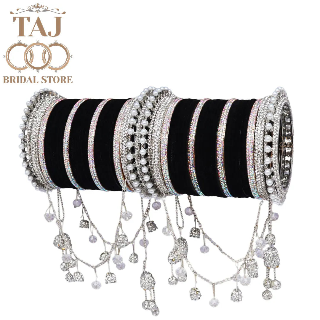 Black Silver Bangle Set with Rhinestone & Pearl Dangles