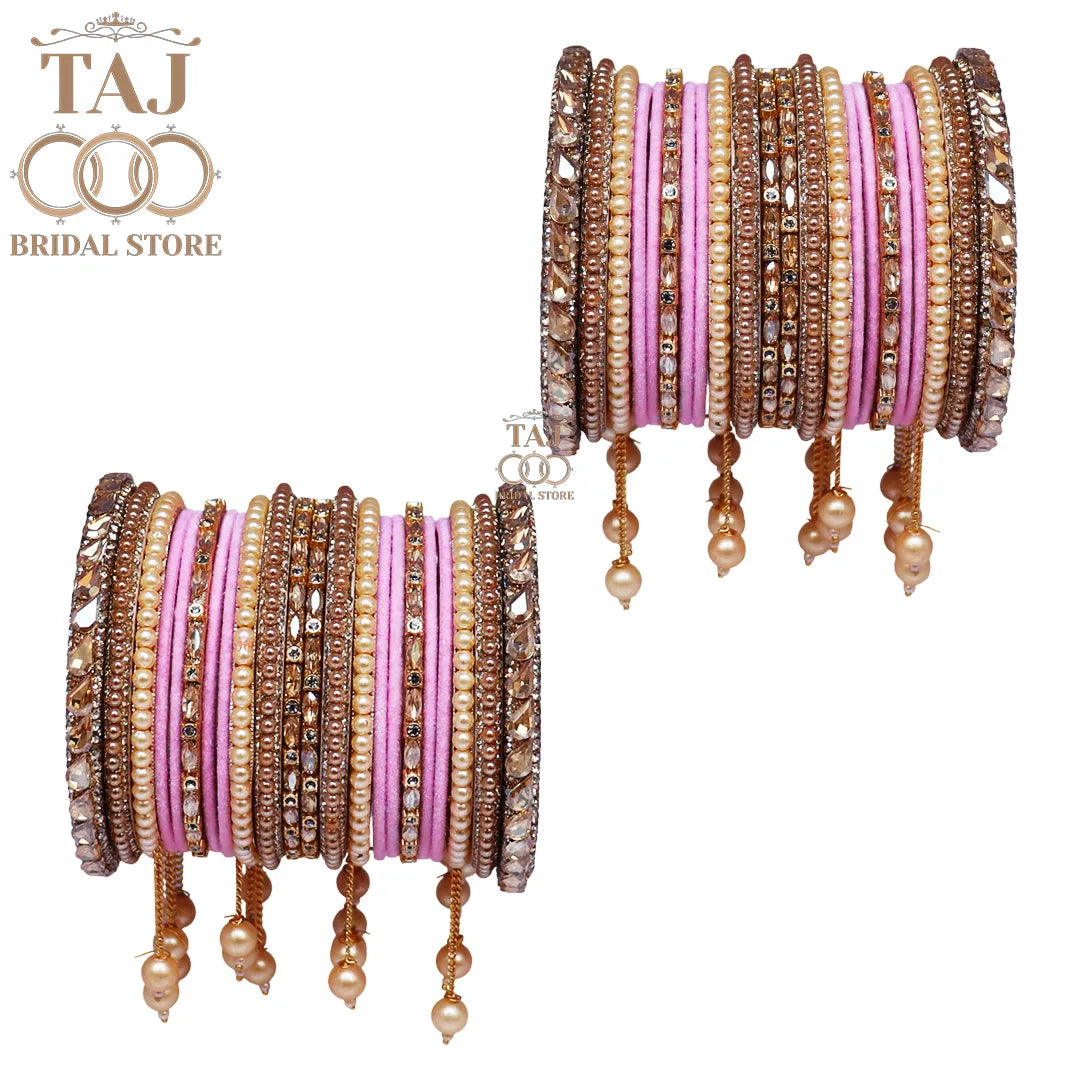 Wedding Bangle Set in Kundan and Pearl Design with Charming Latkan