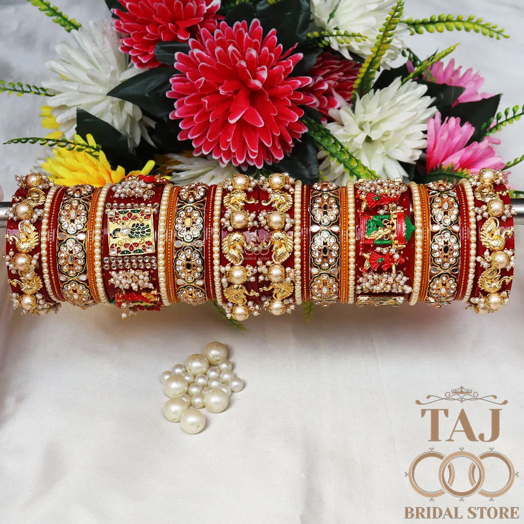 Royal Red Bridal Chura Set with Doli and Peacock Motifs