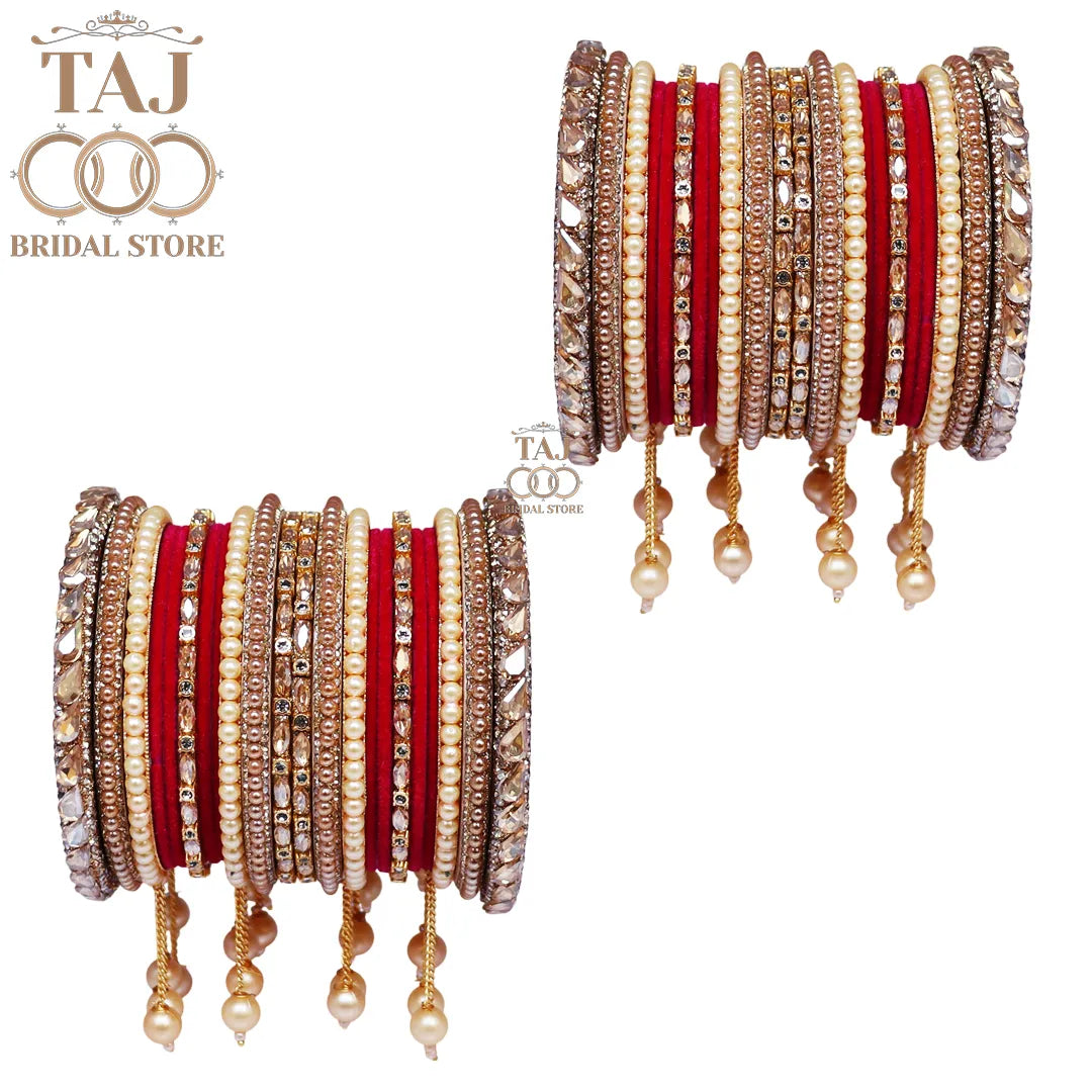 Wedding Bangle Set in Kundan and Pearl Design with Charming Latkan