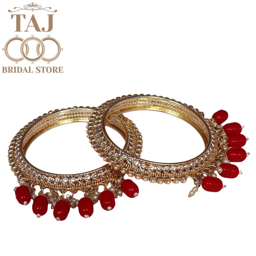 Designer Metal Kada Set With Beautiful Red Moti Latkan Design (Set of 2)