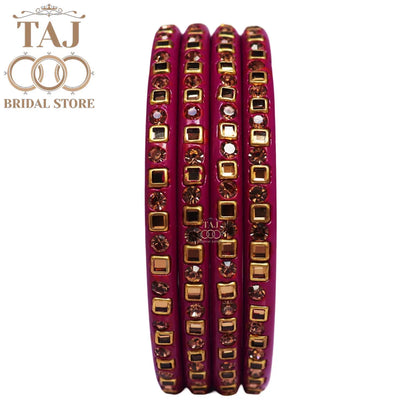 Vibrant Lac Bangle Set with Kundan and Rhinestones (Set of 4)