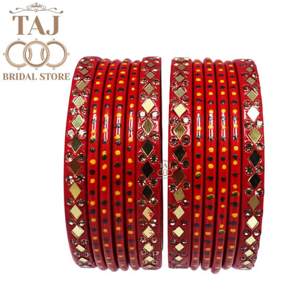 Lac Bangles with Golden Diamond Pattern and Mirror Work (Set of 12)