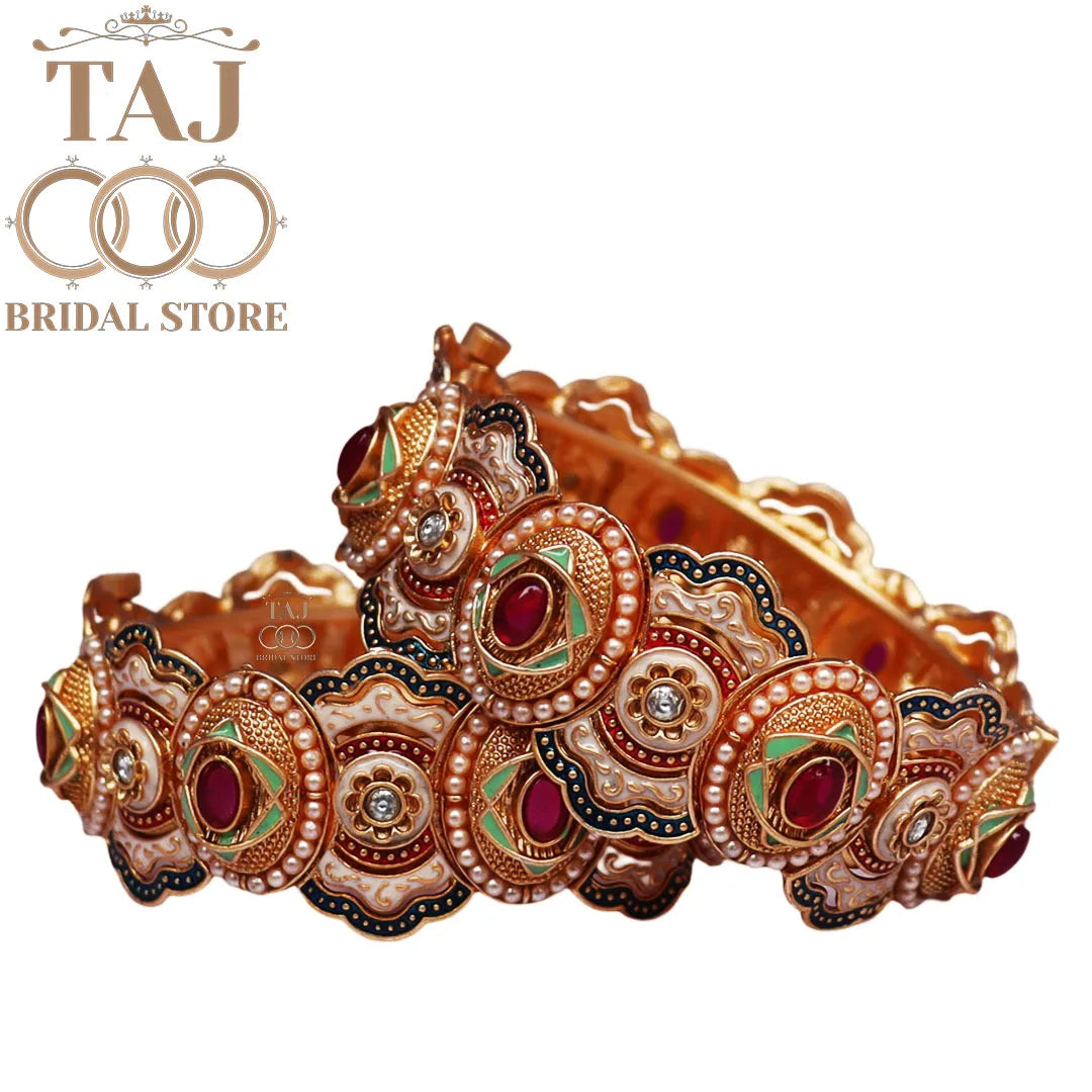 Stylish Metal Bangles For Girls With Beautiful Kundan and Meenakari Work (Set Of 2)