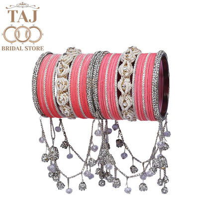 Karwa Chauth Special Bangle Set with Silver Tassels & Stones