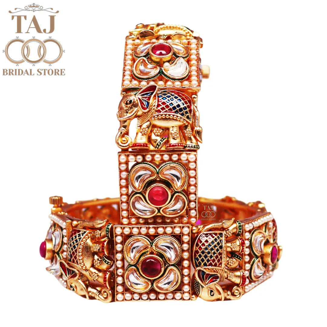 Rajwadi Elephant Design Bracelet With Kundan and Enamel