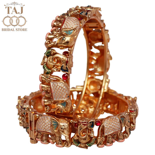 Gold Plated Rajwadi Kada Pair With Divine Ganesh and Elephant Motifs