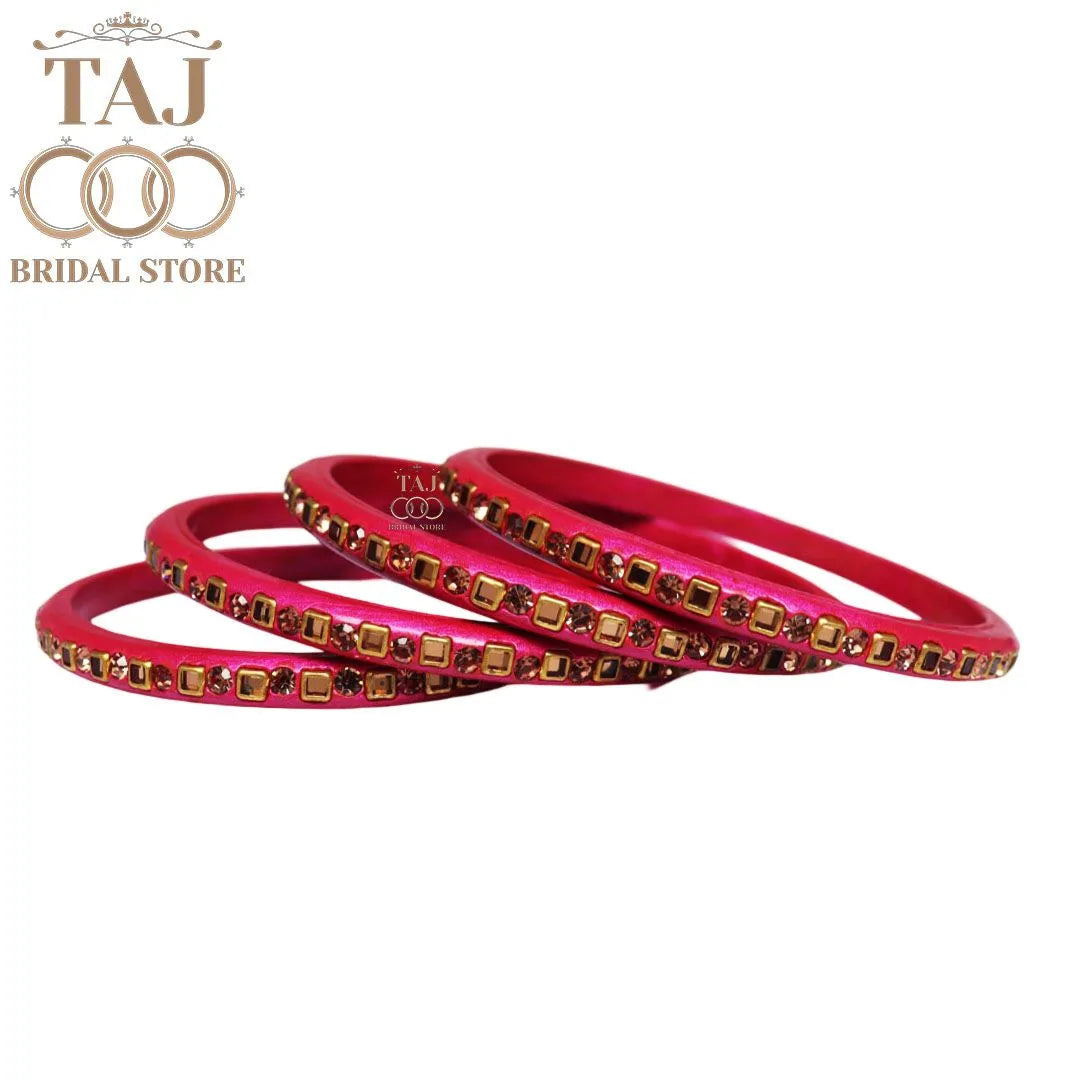 Vibrant Lac Bangle Set with Kundan and Rhinestones (Set of 4)