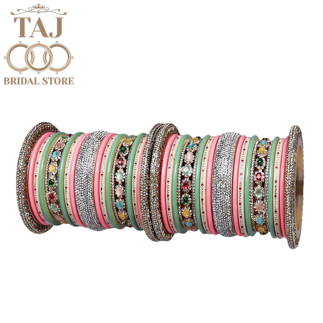 Traditional Rajasthani Bangle Set with Silver Rhinestones and Kundan