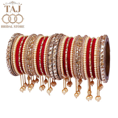 Wedding Bangle Set in Kundan and Pearl Design with Charming Latkan