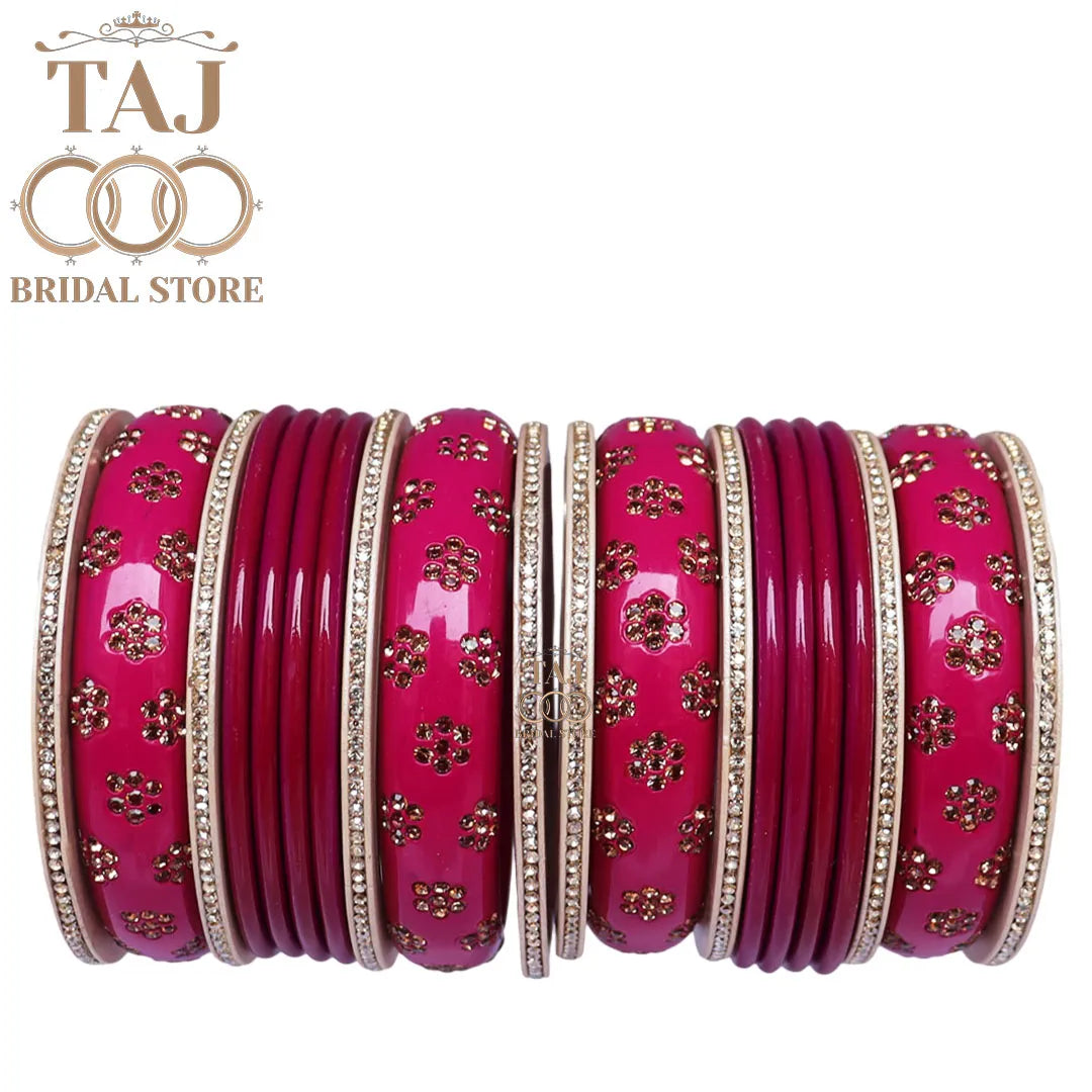 Rajasthani Traditional Lac Chura Set With Beautiful Rhinestones Flower Design