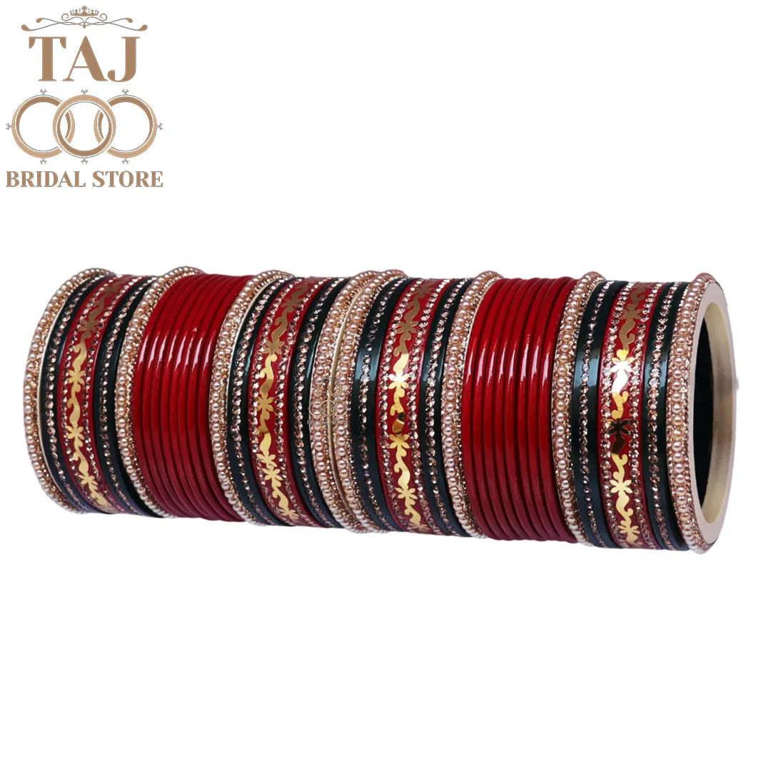 Karwa Chauth Special Red and Green Bangle Set with Golden Lace Design