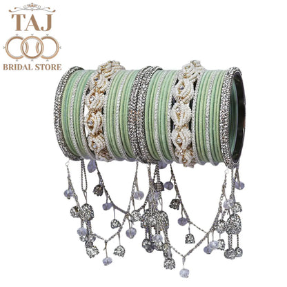 Karwa Chauth Special Bangle Set with Silver Tassels & Stones