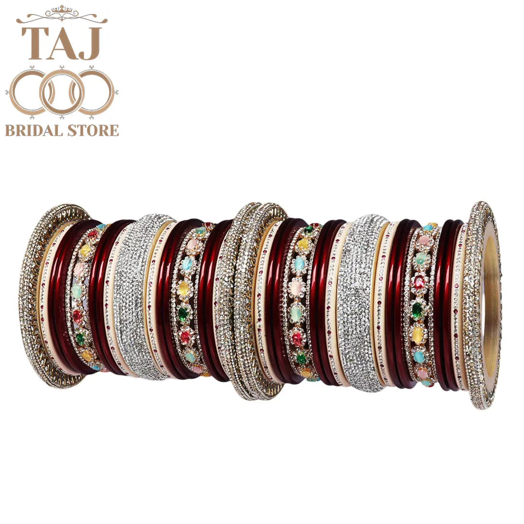 Traditional Rajasthani Bangle Set with Silver Rhinestones and Kundan