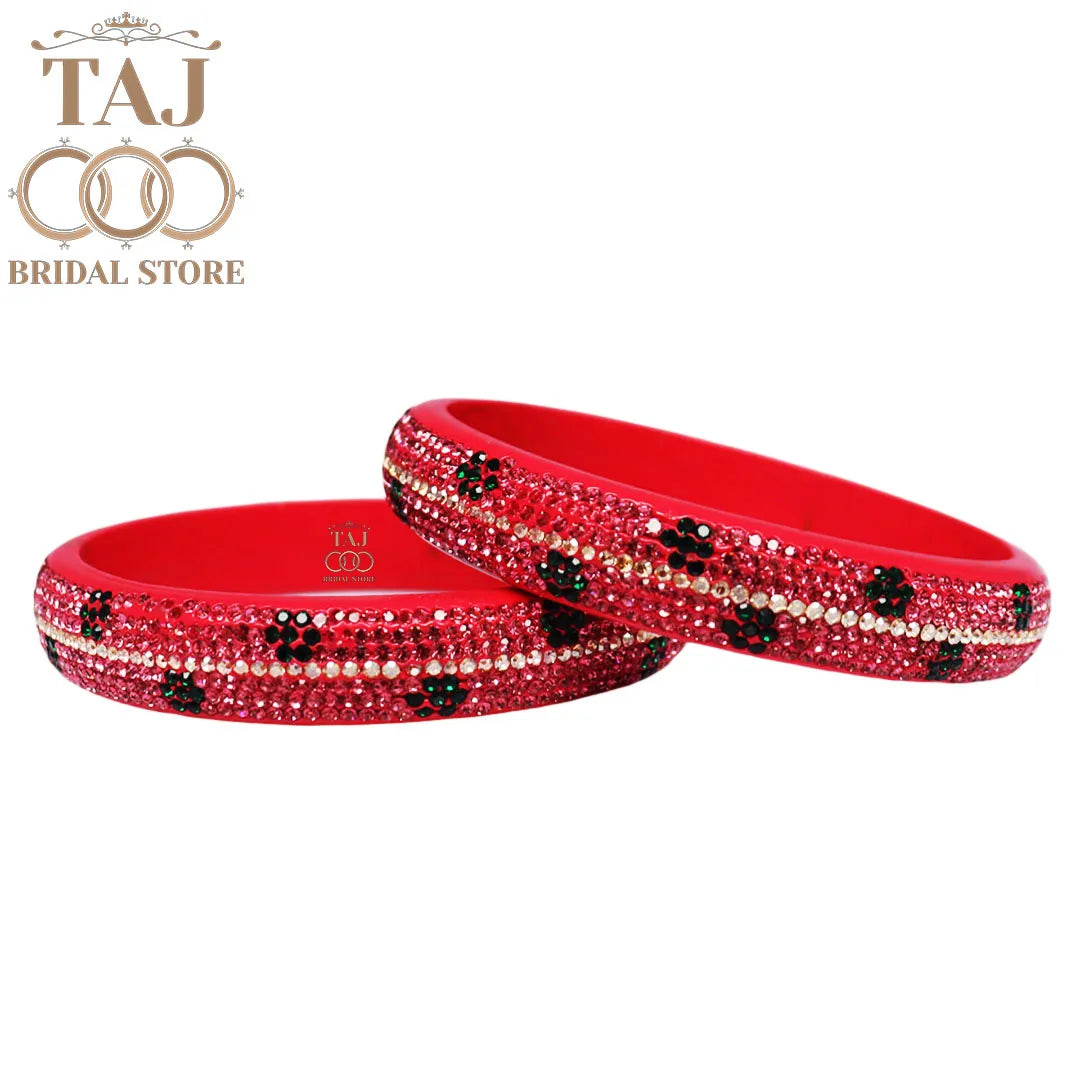 Elegant Lac Kada Bangles with Rhinestone Flowers (Set of 2)