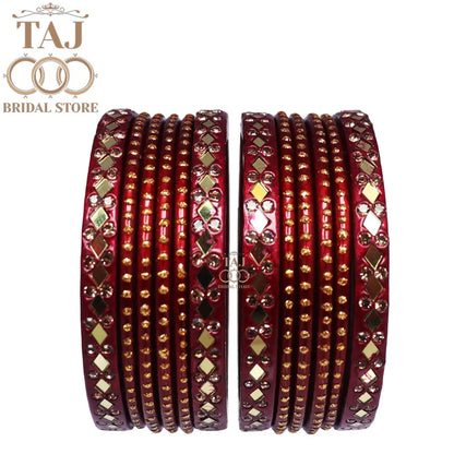 Lac Bangles with Golden Diamond Pattern and Mirror Work (Set of 12)