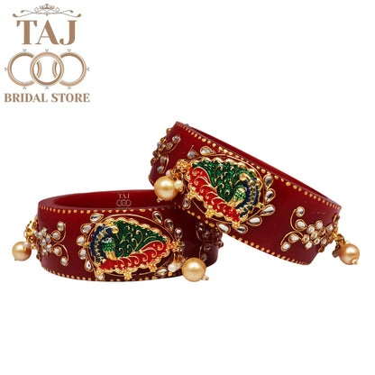 Karwa Chauth Special Red Kada Set with Peacock & Kundan (Set of 2)