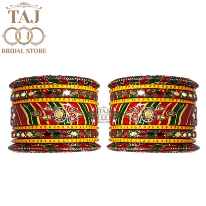 Lac Bangles with Intricate Kundan & Mirror Work (Set of 18)