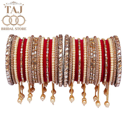 Wedding Bangle Set in Kundan and Pearl Design with Charming Latkan