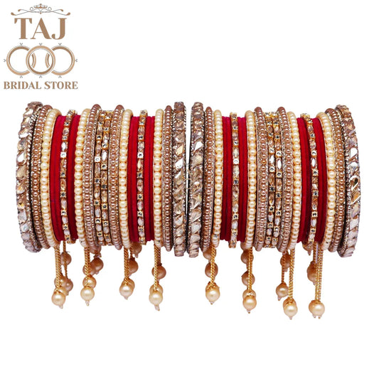 Wedding Bangle Set in Kundan and Pearl Design with Charming Latkan