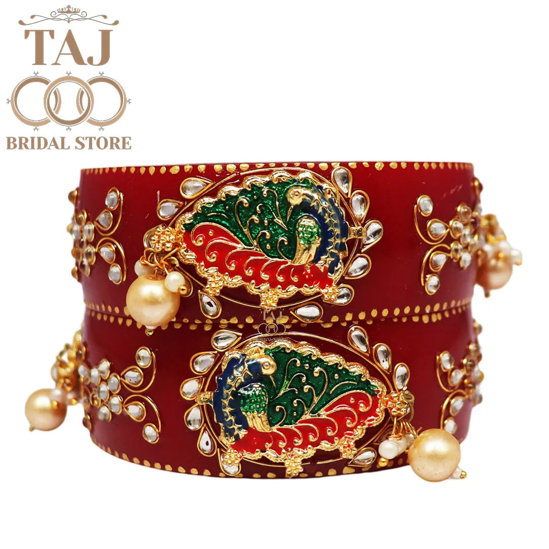 Karwa Chauth Special Red Kada Set with Peacock & Kundan (Set of 2)