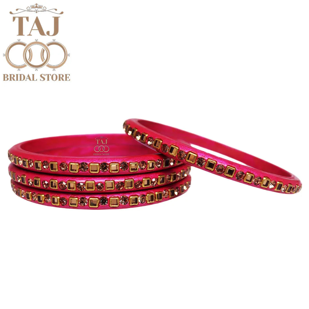 Vibrant Lac Bangle Set with Kundan and Rhinestones (Set of 4)