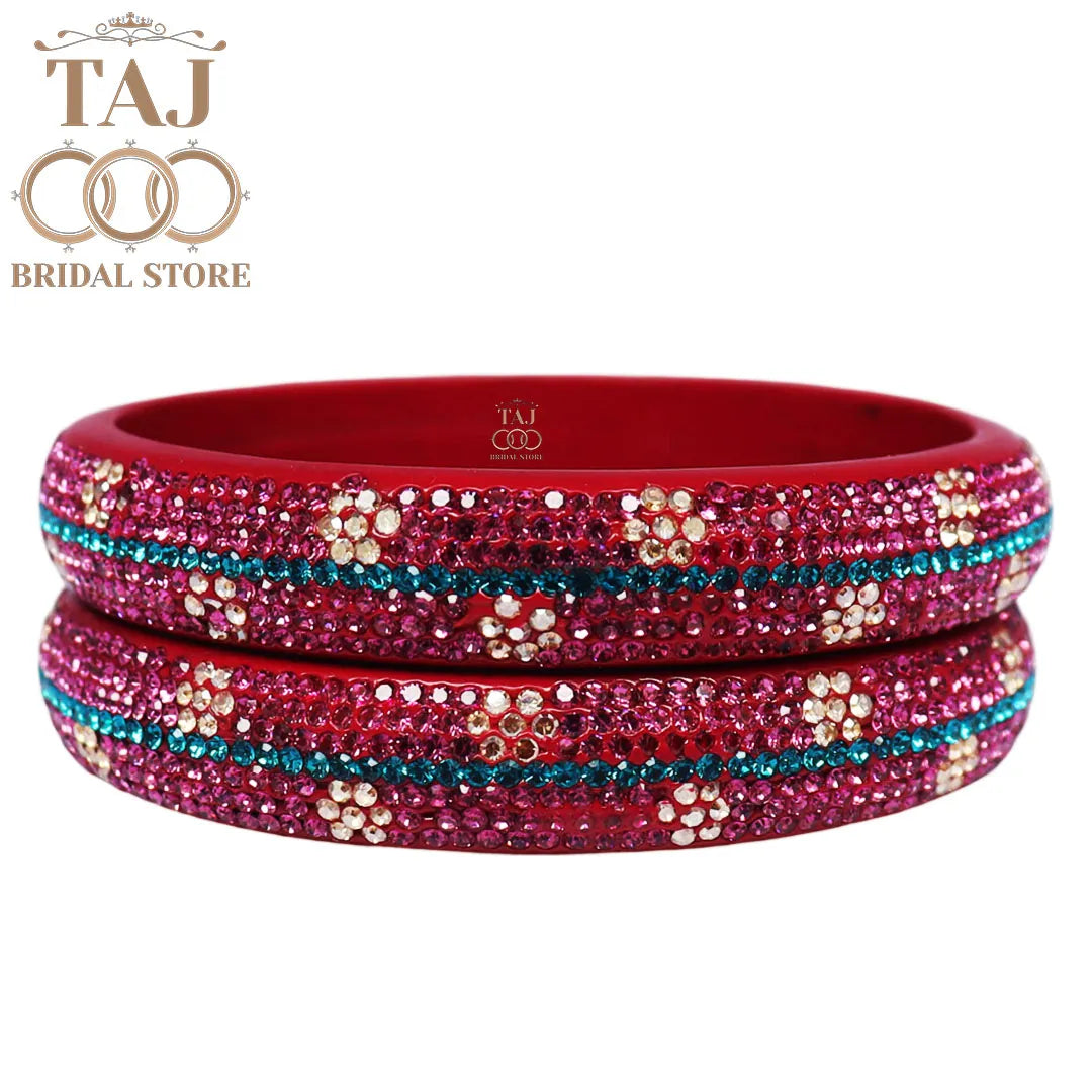 Elegant Lac Kada Bangles with Rhinestone Flowers (Set of 2)